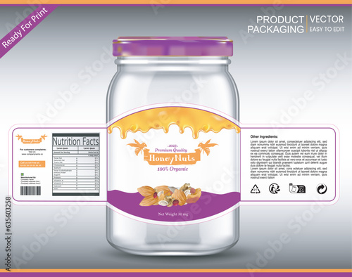 Honey label, Honey Nuts packaging, Nuts Bottle Label, Bottle Sticker, Product Label, Label for honey, Nuts pack, Nutrition pack, Packaging template design, vector, Bottle Mockup, Jar Mockup, Mockup