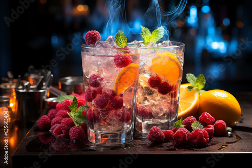 Refreshment multicolor fruit cocktail with ice, lemon and mint in a bar, night club party with soft drinks