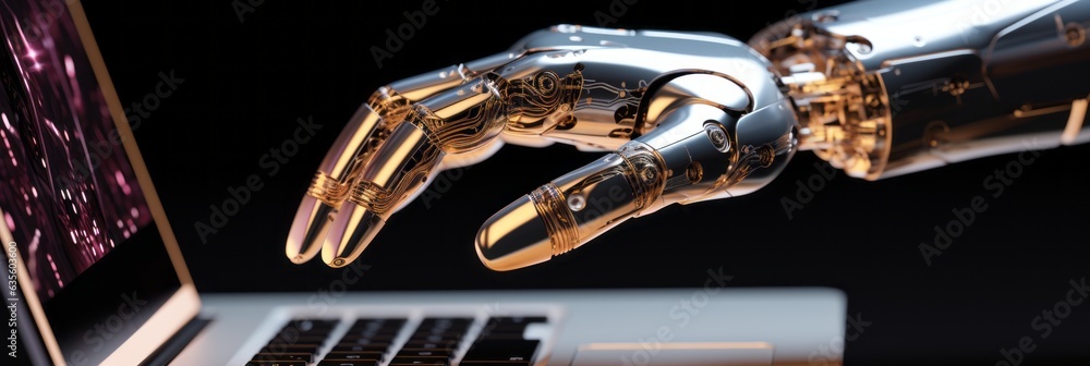 Naklejka premium Robot touching computer with its hand. Generative AI