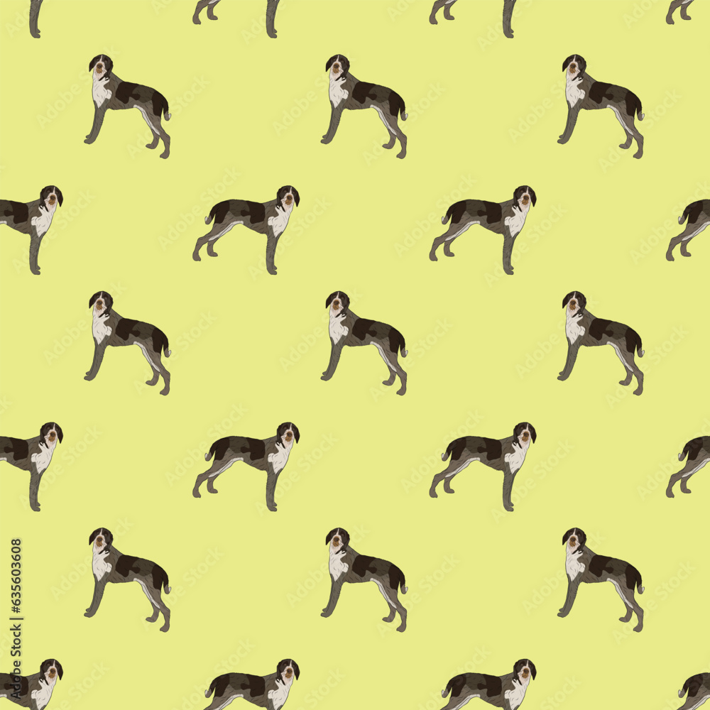Seamless pattern with dogs, Wirehaired Pointing Griffon breed, holiday texture. Dog Packaging yellow wrapping paper. Trendy hand-drawn funny breed wallpaper. Fun seamless happy cute side view dogs.