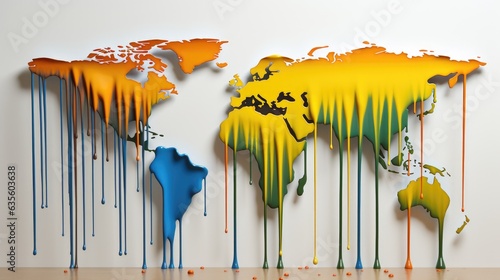 3D dripping oil on a light background with world map photo