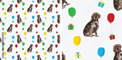 Happy Birthday Pattern with Wirehaired Pointing Griffon breed dogs and balloons, seamless texture. Repeatable textile, wrapping paper, white background design. Holiday wallpaper with sitting dogs.