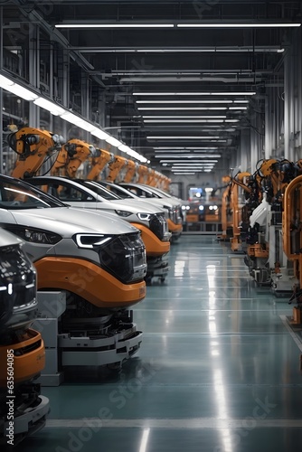 Futuristic car factory robotic production line, futuristic generic cars concept manufacturing 
