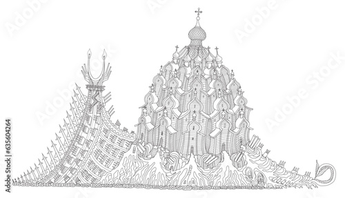 Vector hand drawn fantasy monster snail with wooden castle on tank tracks, fortified walls with cannons and rocket launchers. Coloring book page