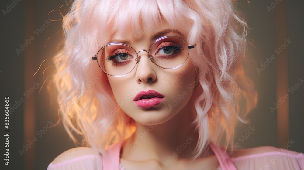 Girl wearing pink glasses. Generative AI