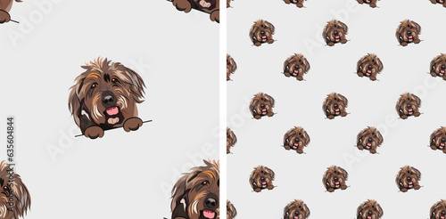 Seamless pattern with dog in a pocket, with paws only. Pink Packaging, textile, decoration, Wirehaired Pointing Griffon paper. Trendy hand-drawn funny mixed-breed dogs looking out, square pattern.