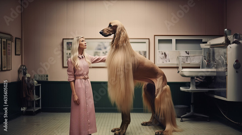 Fotografie, Tablou woman with giant afghan hound dog in room  illustration generative ai