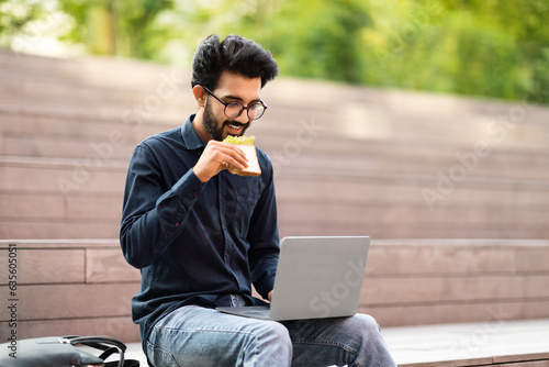 Smiling indian guy eating sandwich, relaxing with laptop in park