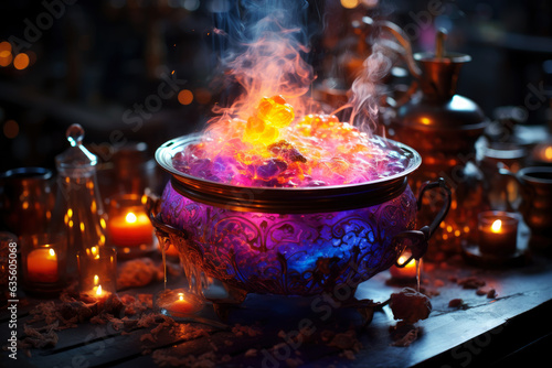 Witch cauldron with boiling luminous potion and various magic ritual attributes for alchemy, spooky wallpaper for Halloween
