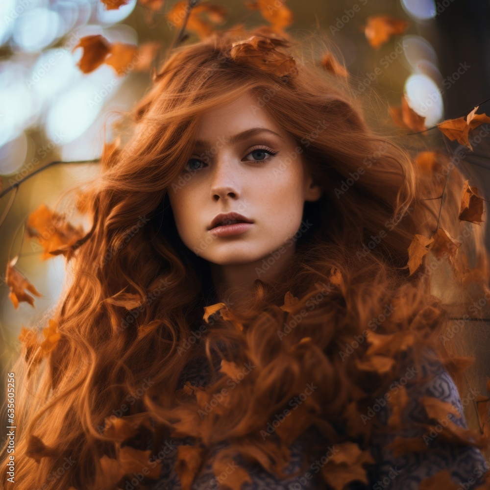 Beautiful girl surrounded by autumn leaves. Generative AI Beautiful girl surrounded by autumn leaves. Generative AI