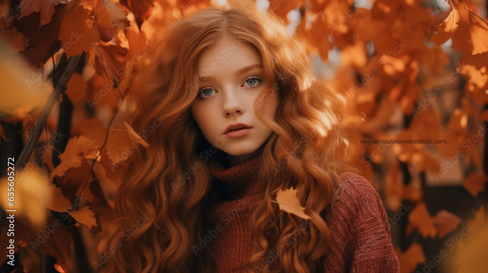 Beautiful girl surrounded by autumn leaves. Generative AI Beautiful girl surrounded by autumn leaves. Generative AI