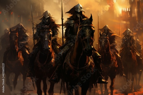 Fototapeta Disciplined Army warriors horseback. Generate Ai