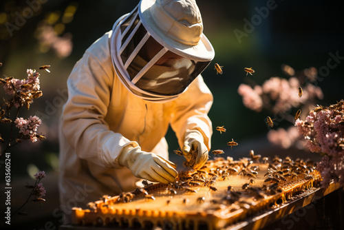 Beekeeper holding up frame of honeycomb