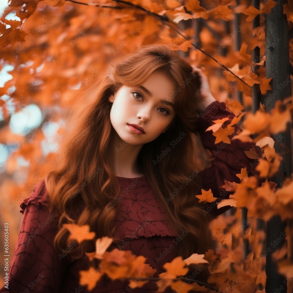 Beautiful girl surrounded by autumn leaves. Generative AI