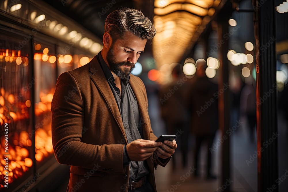 In the heart of the city, a businessman relies on his phone for accurate directions at the main station, merging technology with travel In the heart of the city, a businessman relies on his phone for accurate directions at the main station, merging technology with travel