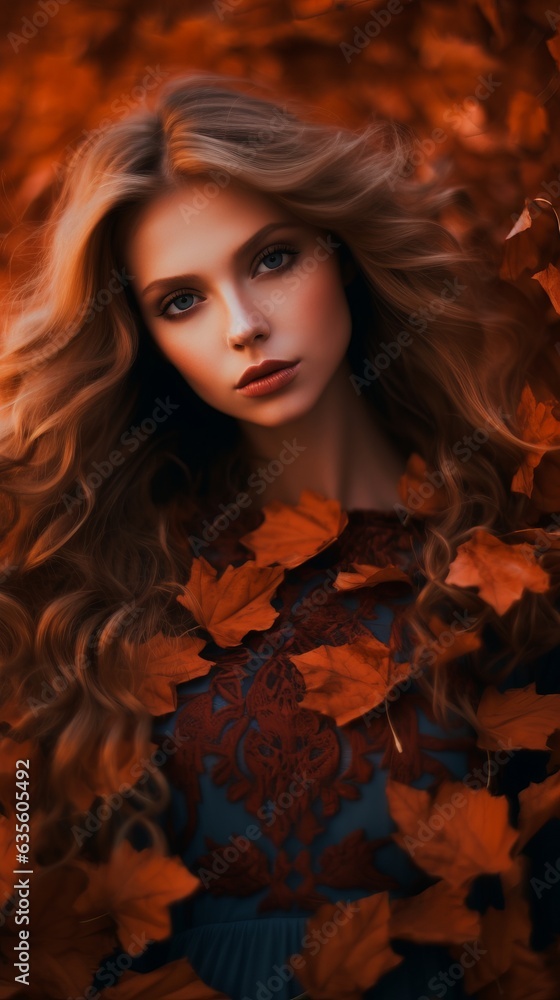 Beautiful girl surrounded by autumn leaves. Generative AI Beautiful girl surrounded by autumn leaves. Generative AI