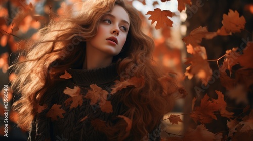 Beautiful girl surrounded by autumn leaves. Generative AI