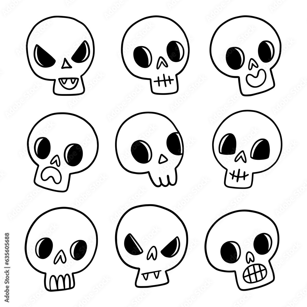 Scary outline skulls Halloween vector set Scary outline skulls Halloween vector set