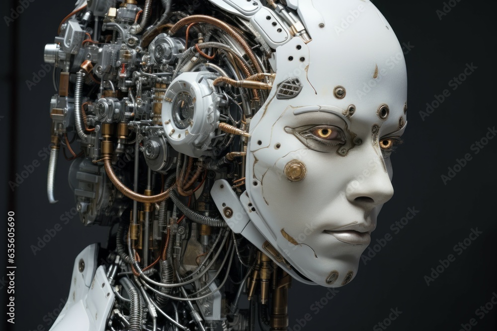 Fototapeta premium Innovative Artificial steel robot head with cyber face. Generate Ai