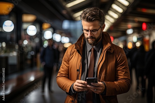 A focused businessman stands in the midst of a bustling main station, engrossed in his phone as he navigates directions