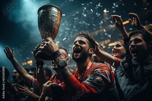 A scene of pure elation unfolds as soccer players raise the coveted championship trophy high above their heads, basking in the glory of their triumph in football finals