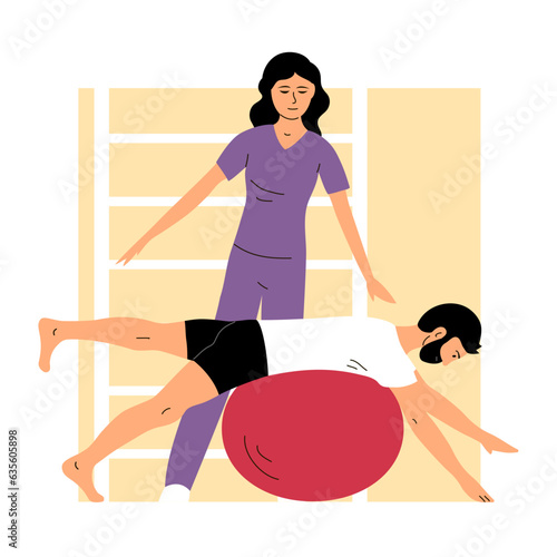 Physical rehabilitation clinic. Doctor woman and patient man. Balance on the ball. Therapy and exercise. Flat vector illustration
