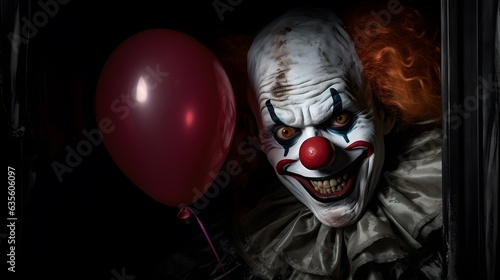 Un clown effrayant avec un ballon, généré par IA photo