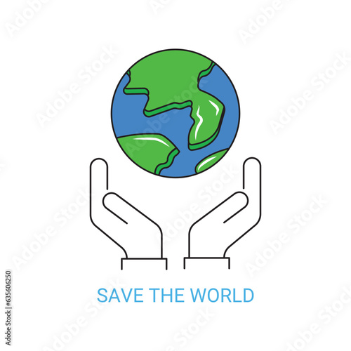 thin line hand holding earth. concept of sustainable biosphere saving for next generation. flat simple style trend modern save the world logotype graphic linear art design isolated on white background