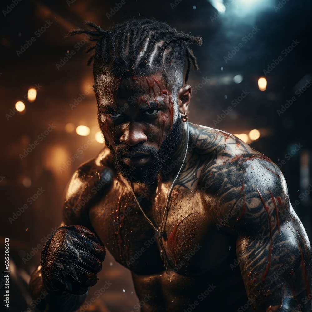 Energetic portrait of a boxer with sweat on his face. Generative AI Energetic portrait of a boxer with sweat on his face. Generative AI