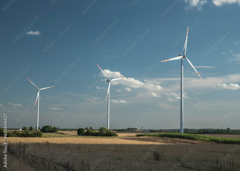 turbiny wiatrowe na polu uprawnym w słoneczny dzień. Krajobraz rolniczy. Koncepcja czystej energii. - obrazy, fototapety, plakaty 