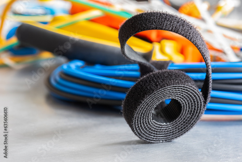 Bild auf Leinwand Roll of hook and loop velcro tape used to organize cable in electrical and telec