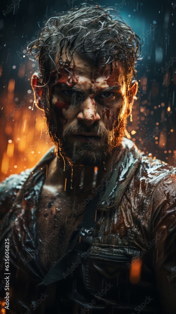 Energetic portrait of a boxer with sweat on his face. Generative AI Energetic portrait of a boxer with sweat on his face. Generative AI