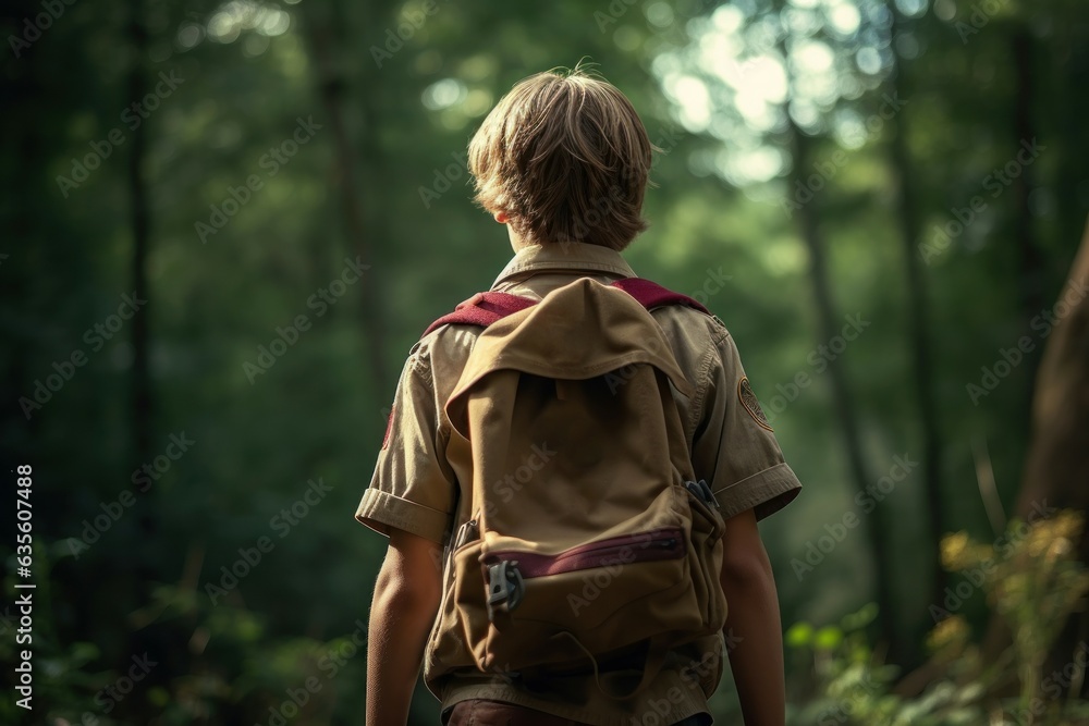 Back view of adventurous scout boy. Generate Ai Back view of adventurous scout boy. Generate Ai