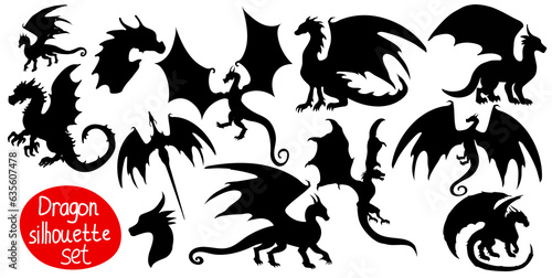Set of vector dragon silhouette on white background