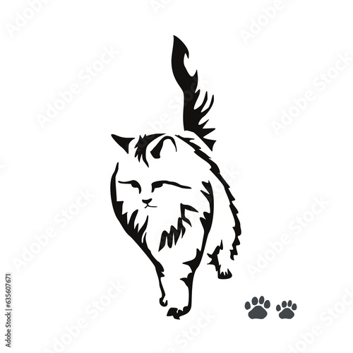 Vector drawing of a long-haired cat. Leisurely walking angora cat. Image of an animal in the style of gestalt design