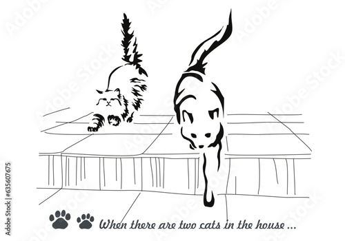 Vector drawing of a long-haired cat. Stretching angora cat. A crouched mongrel with a long, curled tail. Image of an animal in the style of gestalt design