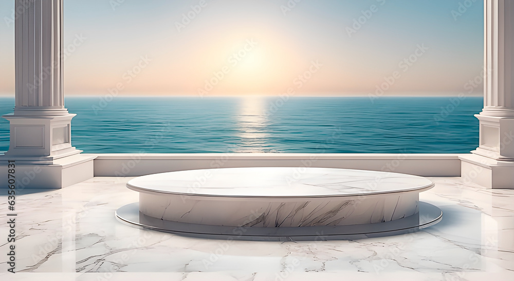 A white marble podium beetween greek columns with the sea as background. Product display. Advertisiment concept.