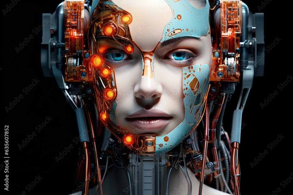 Futuristic Human Female like cyber-robot looking at the camera Futuristic Human Female like cyber-robot looking at the camera