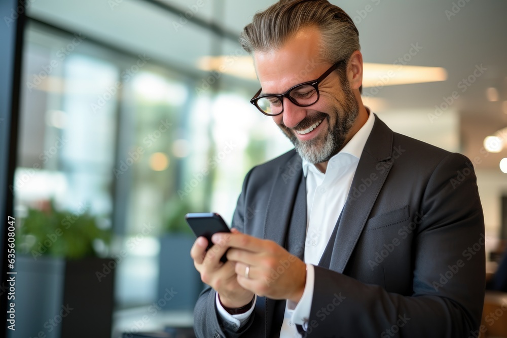 Smiling Businessman Engaged with Phone in a Professional Setting Smiling Businessman Engaged with Phone in a Professional Setting