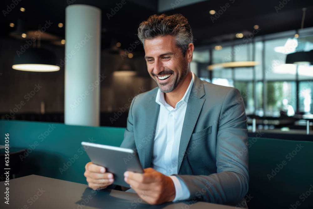 Handsome Businessman Smiling while Checking Tablet Handsome Businessman Smiling while Checking Tablet
