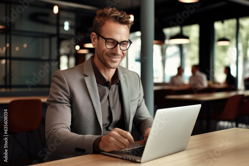 Happy young business man executive holding pad computer at work. Male professional employee using digital tablet fintech device standing in office checking financial online market data.