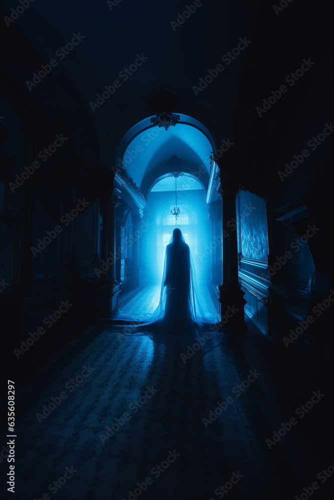 Ghost at night in castle in blue light. AI generative