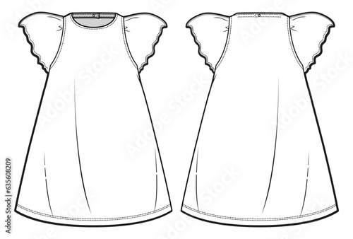 Girls A line Dress design flat sketch fashion illustration vector template with front and back view, butterfly shift dress Toddler baby girl frock cad drawing