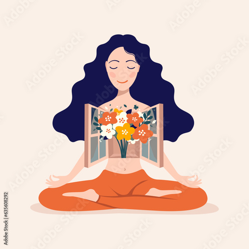 a young girl with long hair sits in a lotus position with an open mind and meditates. vector illustration. Yoga, meditation, psychology concept