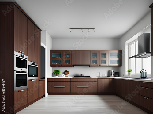 Realistic kitchen design in hyperdetailed medium shot.
