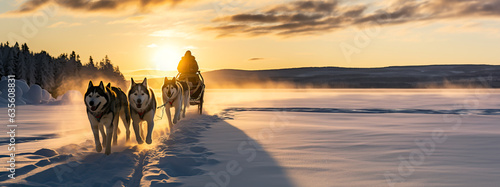 Husky sled dogs pulling a sled in arctic mountain wilderness. Shallow field of view.	 photo