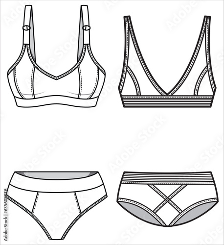 Bra and brief panty women's lingerie two piece set design flat sketch fashion illustration vector template