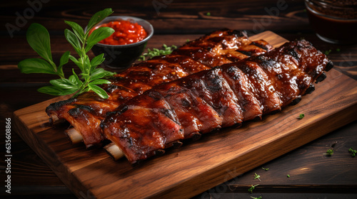 Delicious barbecued ribs seasoned with a spicy basting sauce and served with chopped fresh herbs on an old rustic wooden chopping board dark background