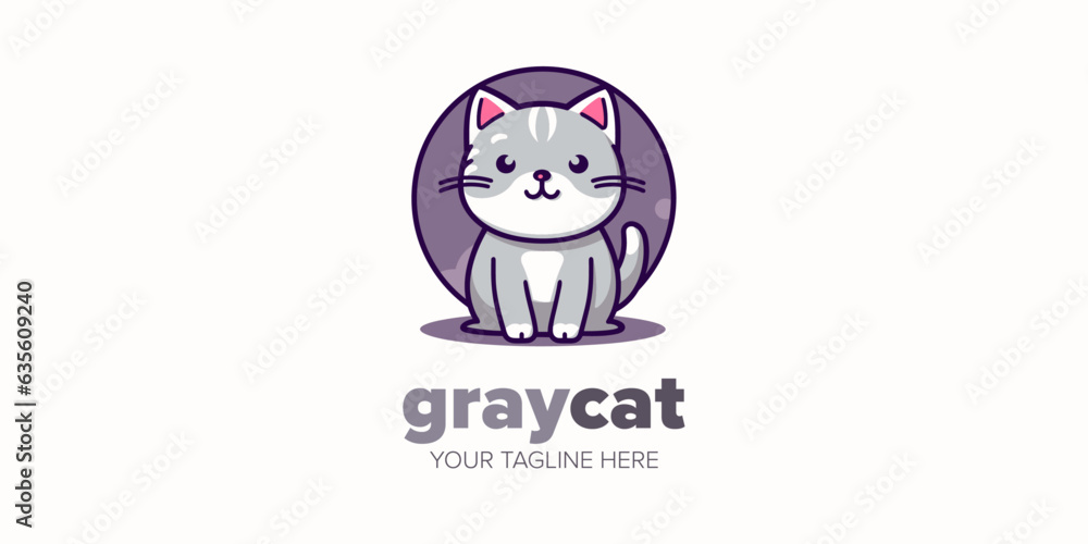 Cute Gray Cat Charm: Kawaii Mascot Cartoon Logo Design Icon, Hand-Drawn Illustration Character for Pet Store, Pet Shop, Toys, Food, and More