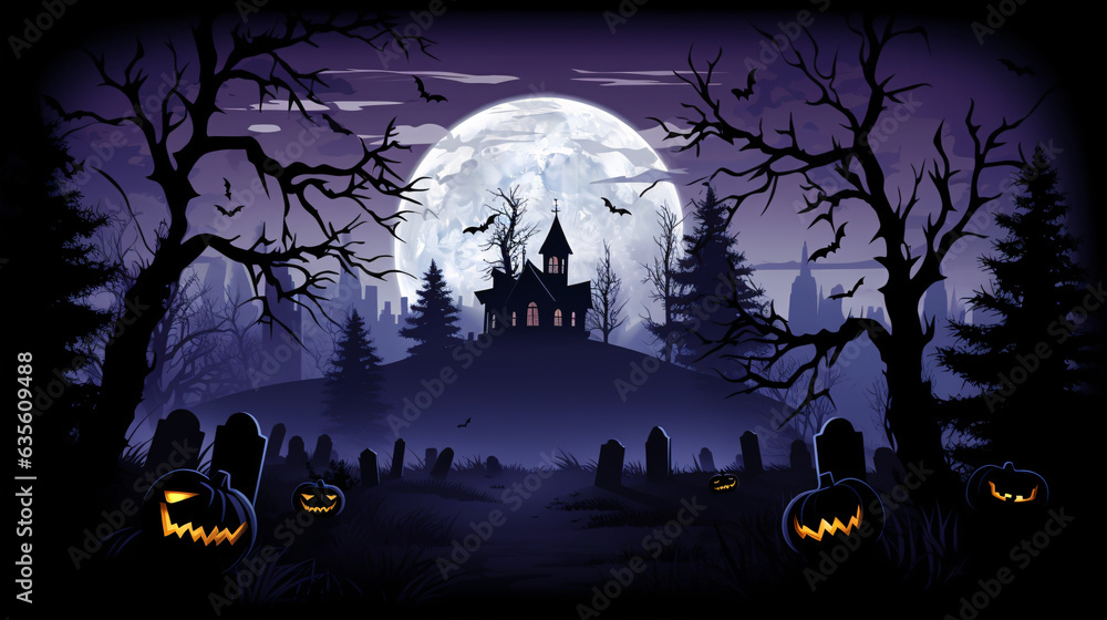 Spooky Halloween night with a full moon and silhouettes of haunted houses - perfect for creating eerie Halloween party invitations!